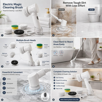 5-in-1 Electric Spin Scrubber | Cordless Powerful Cleaning Brush with 5 Interchangeable Heads for Bathroom, Kitchen, Tiles & Floors